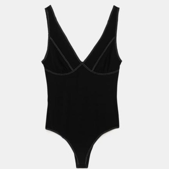 Zara black white topstitch Bodysuit Top NWT L - Picture 2 of 6